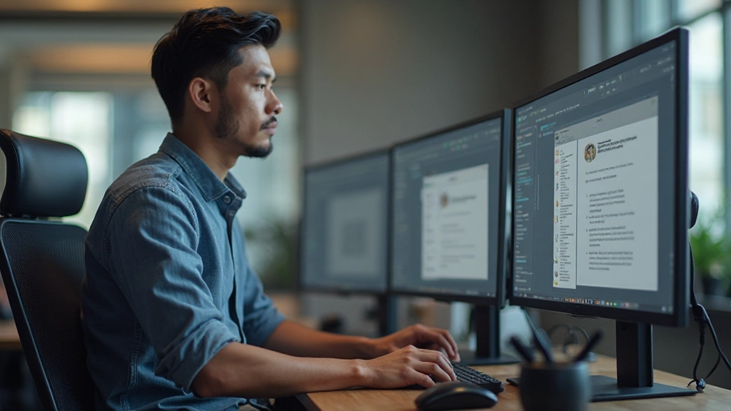 Professional photo of realistic designer aged 32, fully clothed in casual tech attire, sitting at desk reviewing design mockups on dual monitors, natural lighting, blurred office background, NO text, NO watermarks