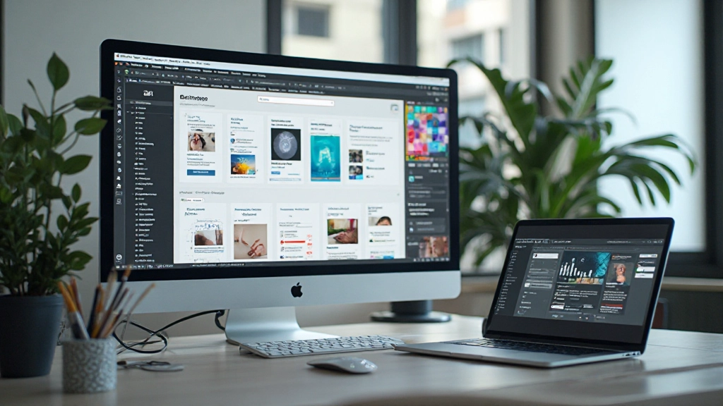 Modern designer workspace with Figma open on multiple monitors, laptop showing design interface, professional setup with plants