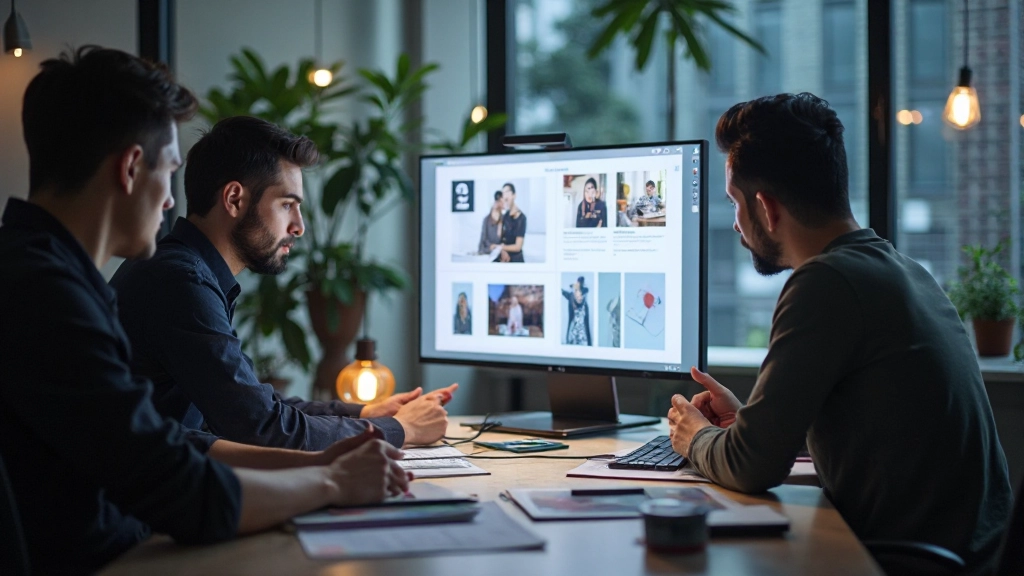 Team of designers working together at a large desk, reviewing Figma designs on large monitor, discussing and collaborating, natural office lighting