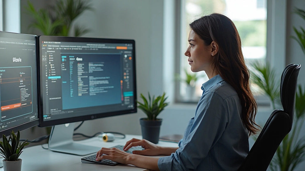 Designer working at desk with multiple monitors showing Figma interface with component library visible